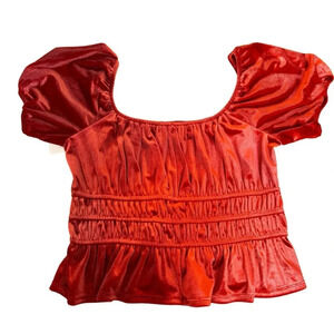 Row-a Orange Crop Top Smocked Velour Short Sleeve Tee Crew Neck Women’s sz M NWT